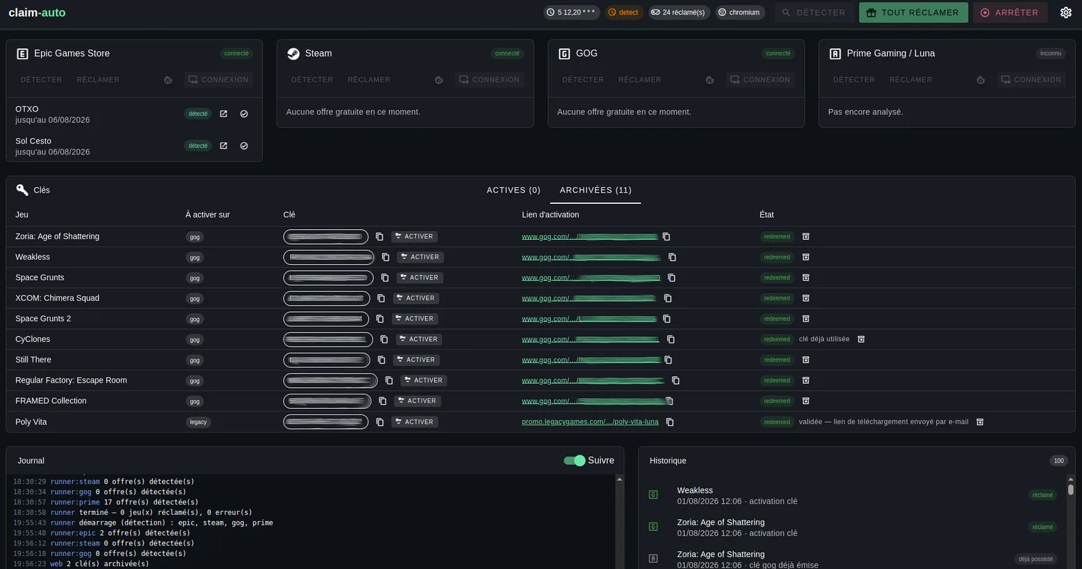 Interface de claim-auto : les quatre boutiques en haut avec leur état de connexion, la liste des clés récupérées, le journal en direct et l'historique