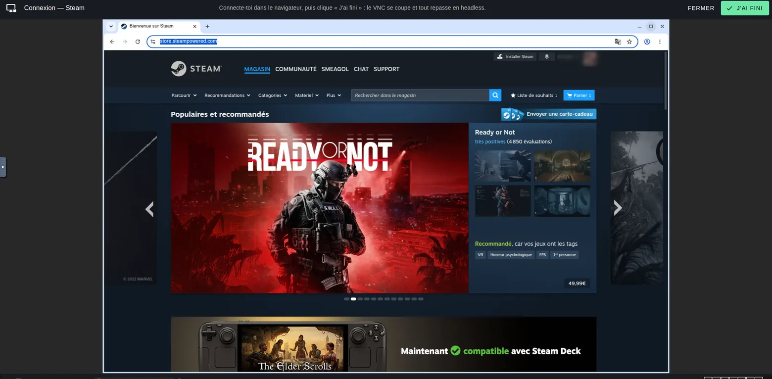 La fenêtre VNC de claim-auto : le navigateur du conteneur affiche la page de Steam, avec un bouton J'ai fini en haut à droite