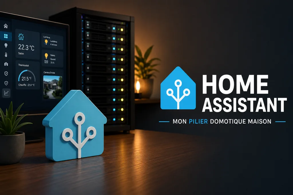 Une maison stylisee aux couleurs de Home Assistant posee devant une baie de serveurs, avec un ecran affichant un tableau de bord domotique