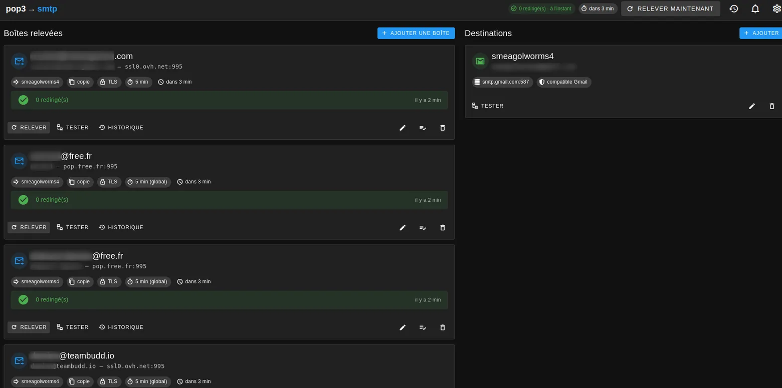Interface web de pop3_to_smtp : la liste des boîtes relevées à gauche, les destinations SMTP à droite