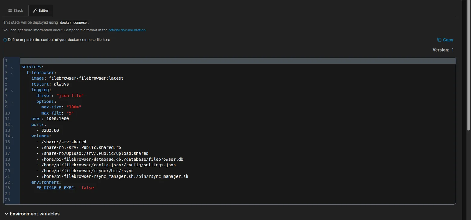 Éditeur de compose dans Portainer, avec le fichier YAML du service filebrowser