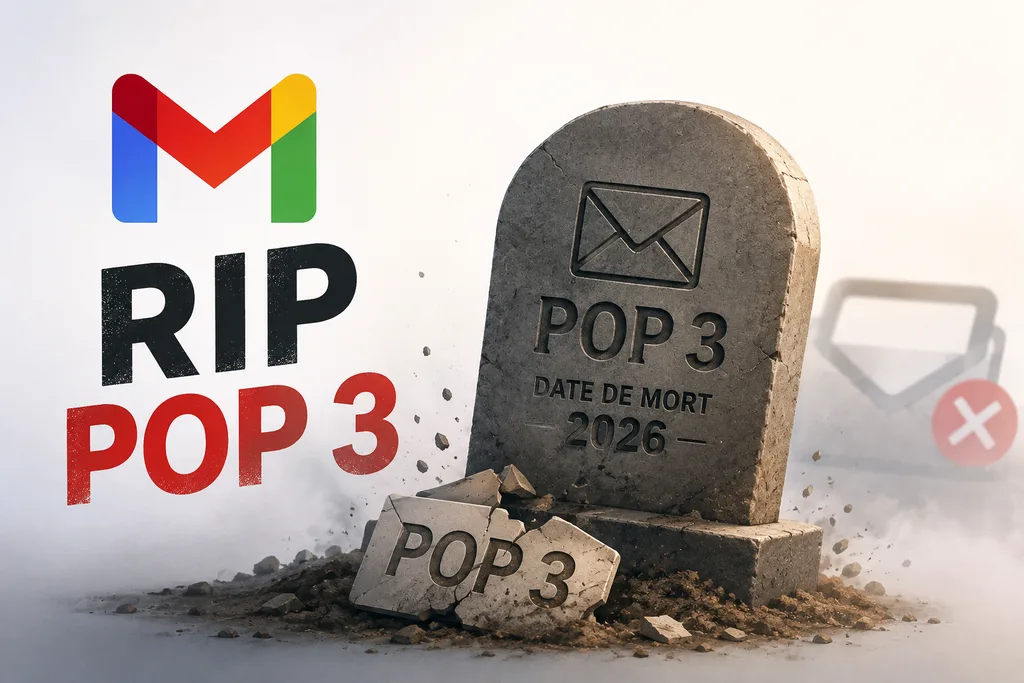 Pierre tombale gravée POP 3, date de mort 2026, à côté du logo Gmail et de la mention RIP POP 3